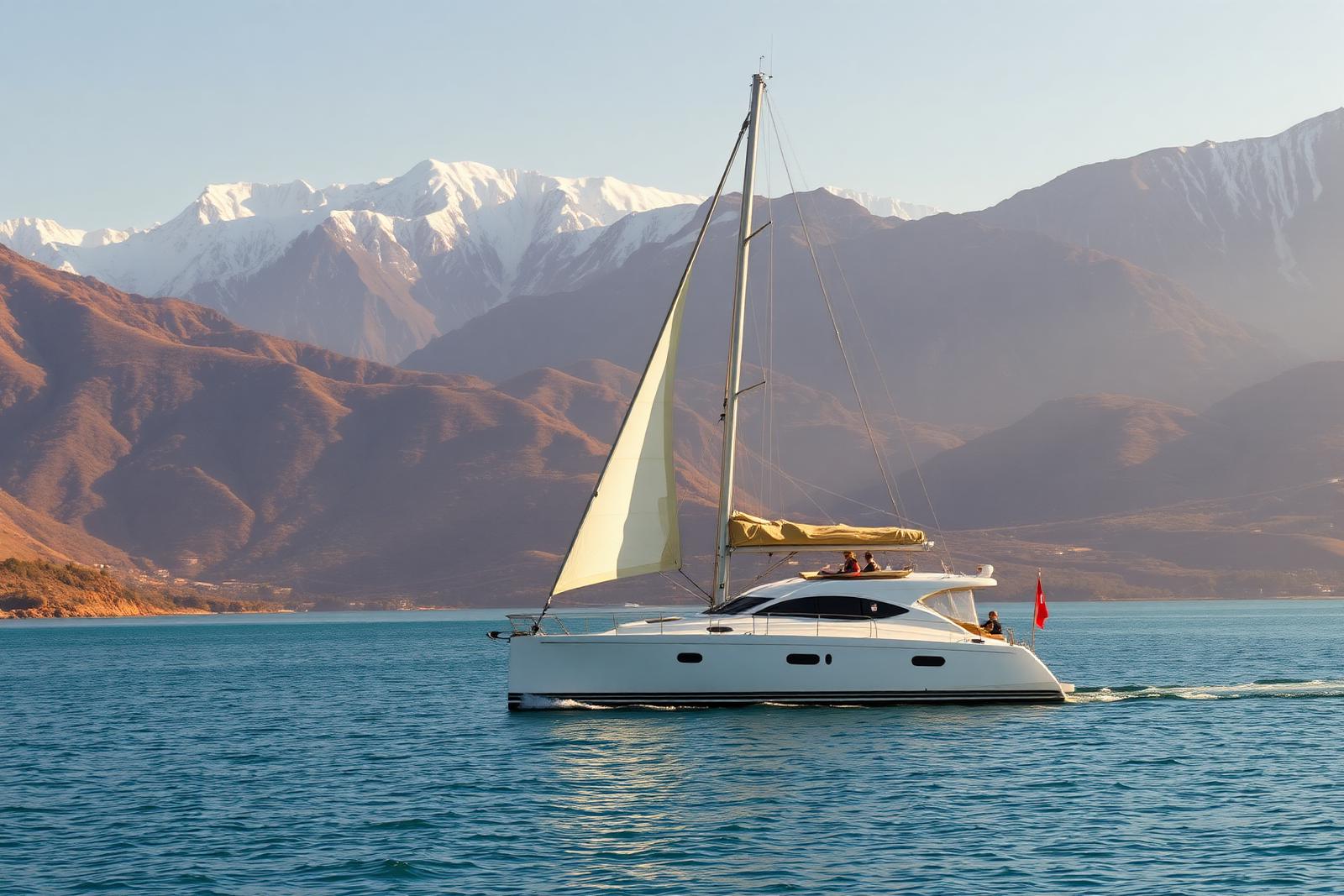 Velero en el Dique Potrerillos con los Andes de fondo